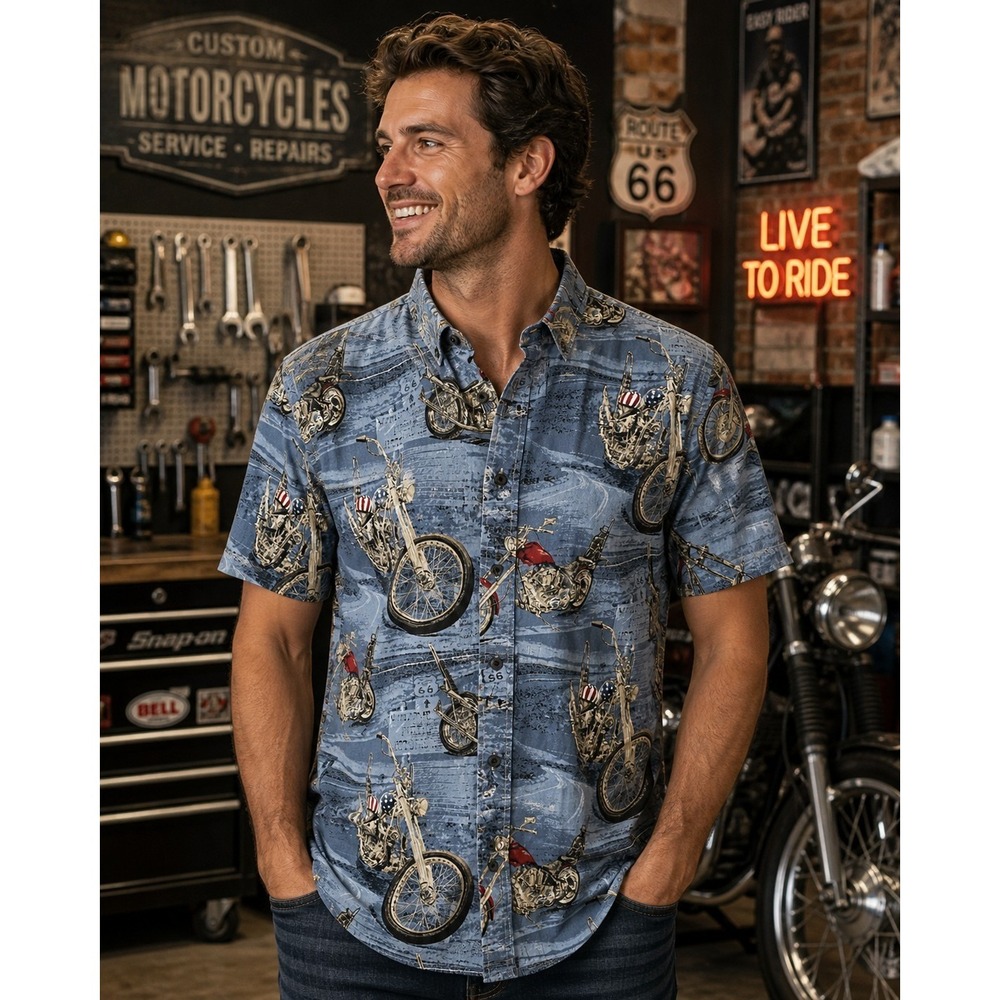 REDHEAD Men's Large Motorcycle AOP Short Sleeve Shirt -2821